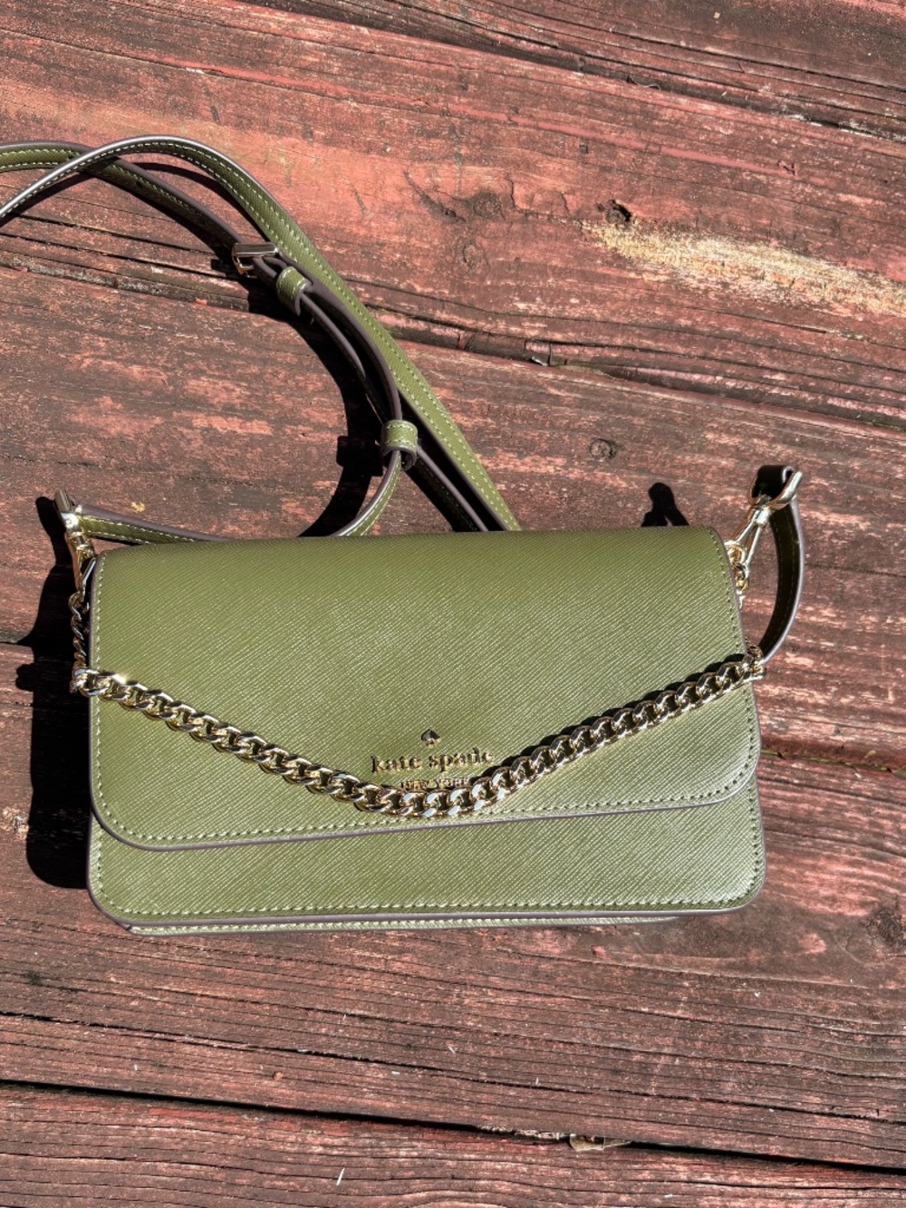 Kate Spade Madison Flap Crossbody Bag Army Green Leather Chain Purse - Picture 4 of 8